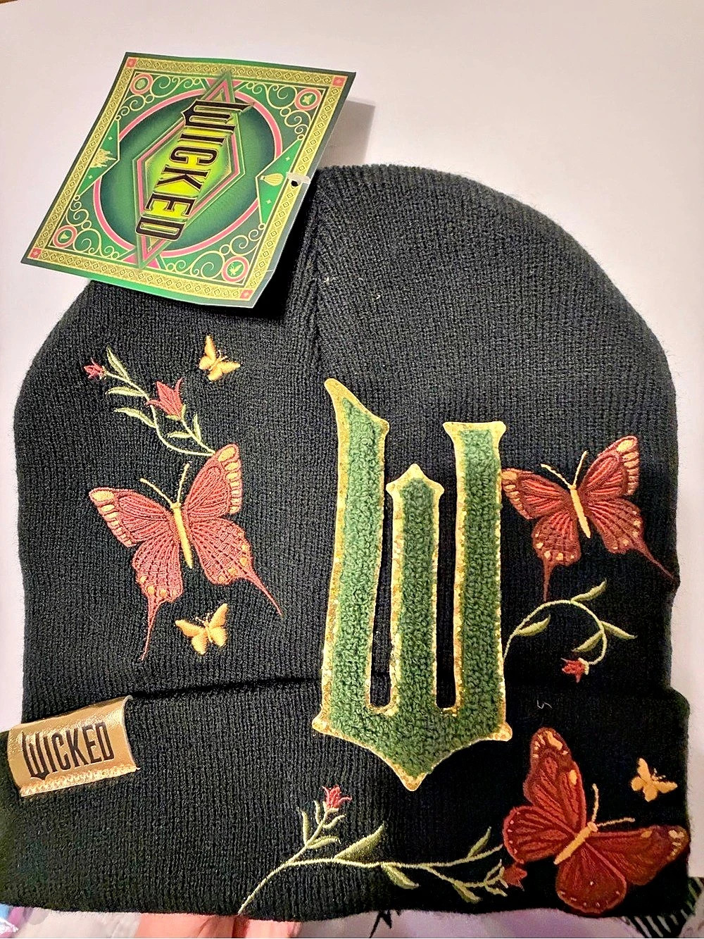 Wicked Embroidered Butterfly Beanie in Black & Green NWT